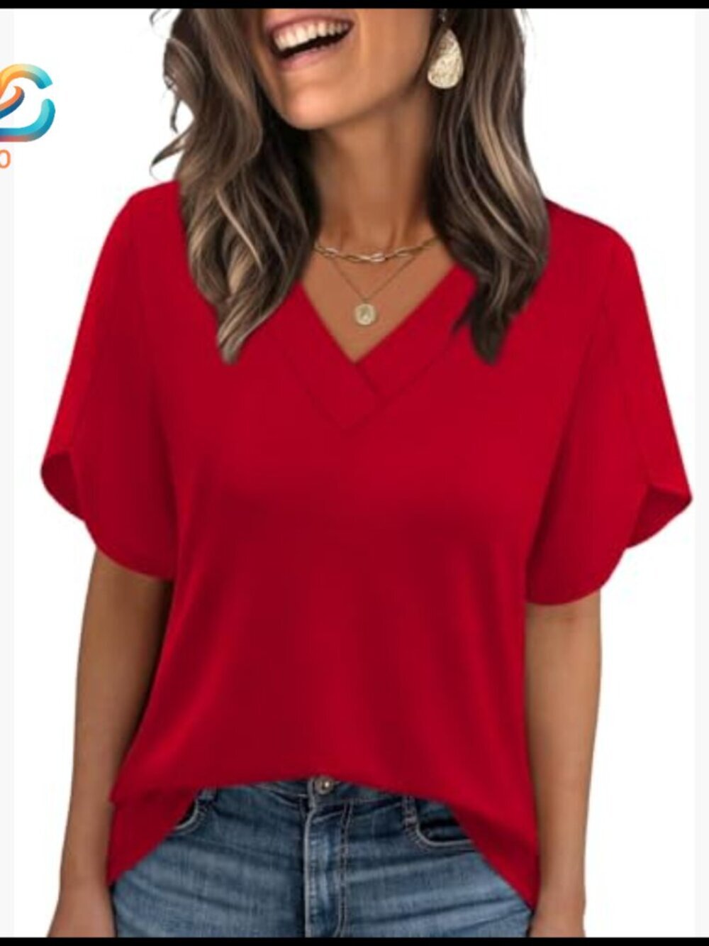 Petite V-Neck Peasant Top with Split Petal Sleeves, Lightweight Polyester Blend - Picture 2 of 7